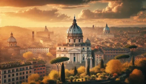 Panorámica desde la colina del Gianicolo con vistas a los tejados de Roma al atardecer.